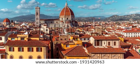 View of old town of Florence with Dome of Florence Duomo or Basilica di Santa Maria del Fiore cathedral, Tuscany, Italy. Travel destination Royalty-Free Stock Photo #1931420963
