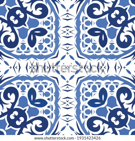 Antique portuguese azulejo ceramic. Vector seamless pattern poster. Minimal design. Blue floral and abstract decor for scrapbooking, smartphone cases, T-shirts, bags or linens.