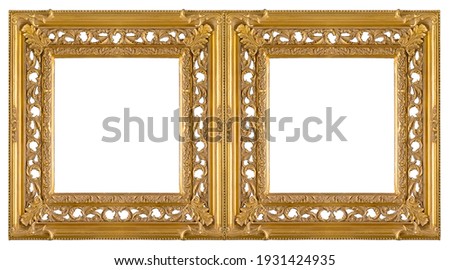 Double golden frame (diptych) for paintings, mirrors or photos isolated on white background. Design element with clipping path