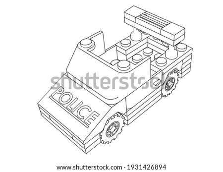 Toys Drawing Design of Police Car in Monocrhome Style, using white background. Suitable for children's learning content about vehicles, automotives, transportation and machines. 