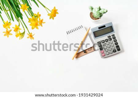 Flat lay objects ,flower yellow pen on small notebook  , small cearamic cactus green ,calculation and on white background isolated,  easter holiday planing for budget concept. sensitive focus.