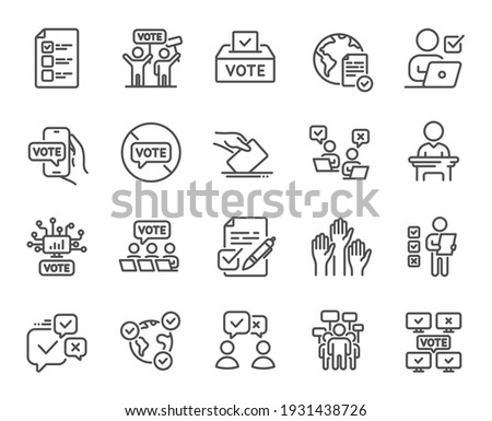 Voting line icons. Public Election, Vote Box, Ballot Paper icons. Candidate, Politics voting and People vote. Government election, Raised hands, Document checklist. Online poll result. Vector Royalty-Free Stock Photo #1931438726