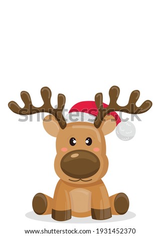 Illustration of cartoon reindeer wearing santa hat sitting on white background. christmas and winter concept, digitally generated image. wearing