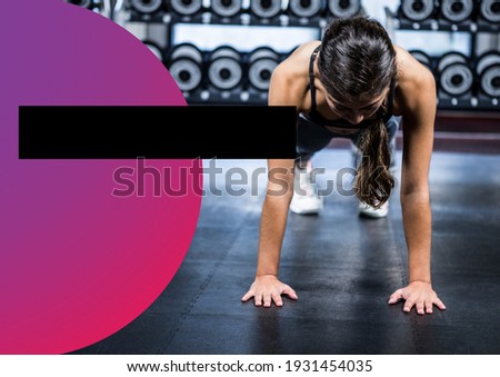 Composition of woman at gym doing push ups with pink circle and black rectangle. fitness gym presentation design concept with copy space, digitally generated image.