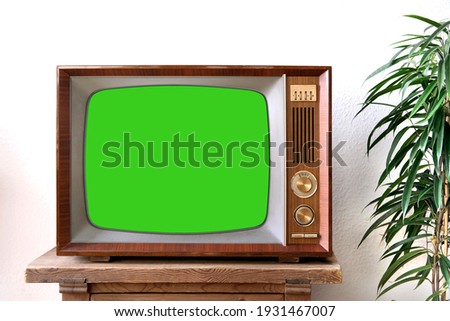 old retro TV with blank green screen for a designer, video film stands in a light room on a wooden table, ficus houseplant nearby, concept of a cozy house 1960-1970, stylish mockup