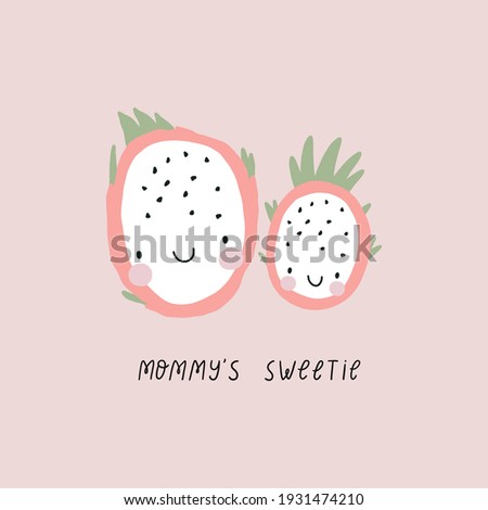 Mother's Day vector cards. Cute dragon fruit mom and baby.