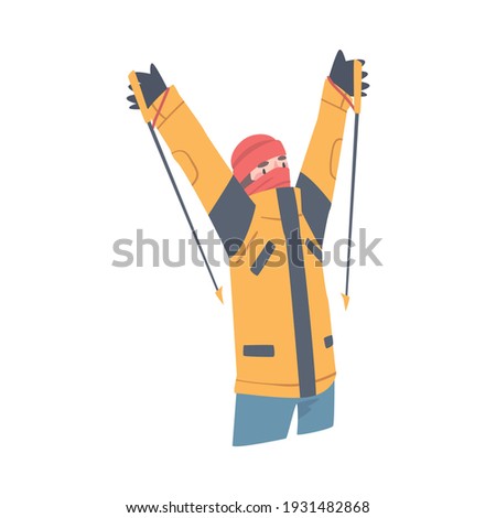 Man Character with Alpenstock Cheering About Ascending Mountain Peak Vector Illustration