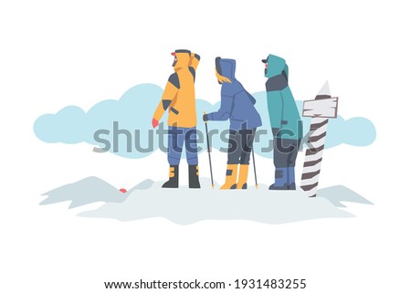 Group of People in Hiking Boots Standing and Searching for Road Vector Illustration