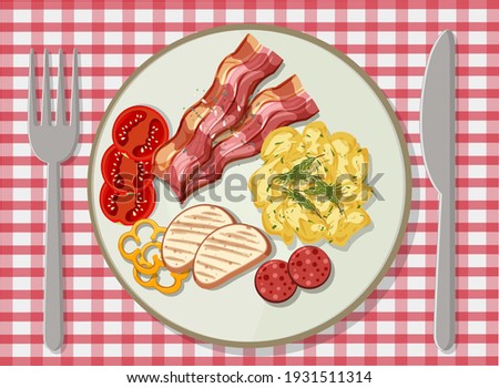 Top view of Breakfast in a dish on the table illustration