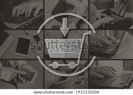 Online shopping concept illustrated by pictures on background
