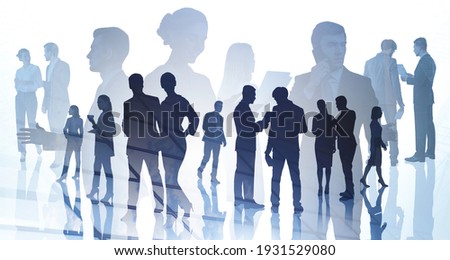 Silhouettes of diverse businessman and businesswoman, double exposure of office room. Concept of corporate communication and teamwork. Toned image