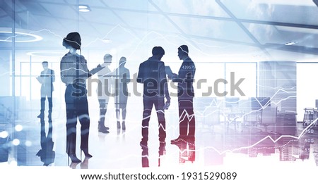 Silhouettes of diverse business people working together, toned image of office interior and graph lines with numbers. Concept of modern office with managers, partners