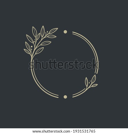 Round botanical frame element with laurel. Simple contour vector illustration for packaging, corporate identity, labels, postcards, invitations. Royalty-Free Stock Photo #1931531765