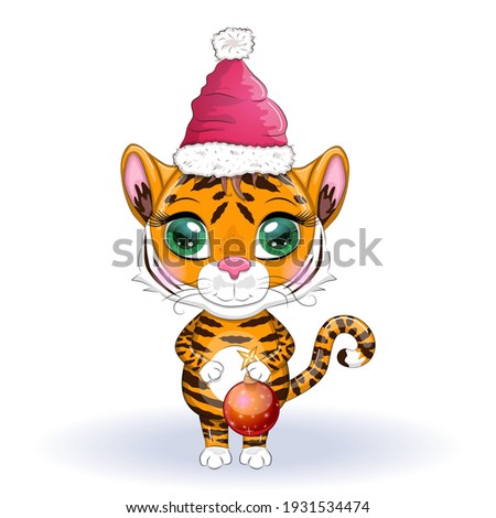 Cute cartoon tiger with beautiful eyes, bright, orange with a Christmas ball in a Santa hat. Illustrations for Chinese New Year 2022, Year of the Tiger. Lunar new year 2022.