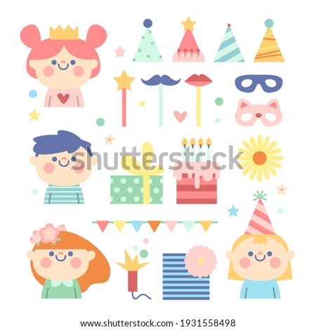 Birthday party set. Joyful children, holiday decor, cake, gifts