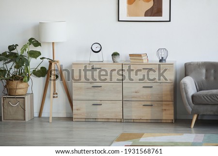 Background image of minimal home interior decorated with plants, focus on wooden cabinets, copy space Royalty-Free Stock Photo #1931568761