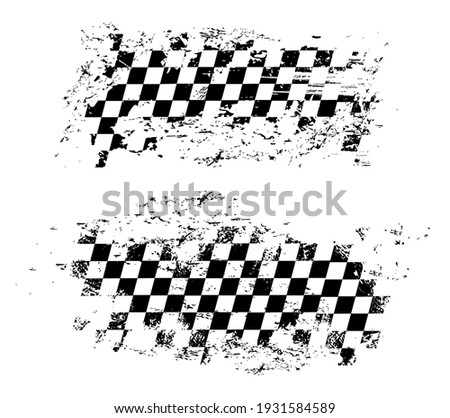 Racing flag grunge design of vector car race sport, auto rally and motocross. Checkered pattern of start and finish motorsport flag, black and white squares old texture with scratches Royalty-Free Stock Photo #1931584589