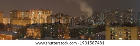 Long exposure photography of small town in Moscow region. High angle view. Winter cold night. Concept of still life. View from above, top view.