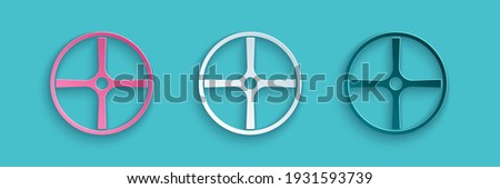 Paper cut Bicycle wheel icon isolated on blue background. Bike race. Extreme sport. Sport equipment. Paper art style. Vector
