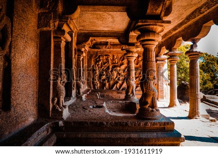 Mahishamardini Rock Cut Mandapa built by Pallavas is UNESCO World Heritage Site located at Great South Indian architecture, Tamil Nadu, Mamallapuram or Mahabalipuram Royalty-Free Stock Photo #1931611919