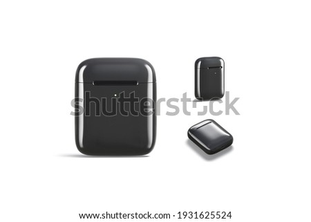 Blank black closed headphones case mockup, different views, 3d rendering. Empty connection wireless box for earflaps mock up, isolated. Clear smart accessory for music template.