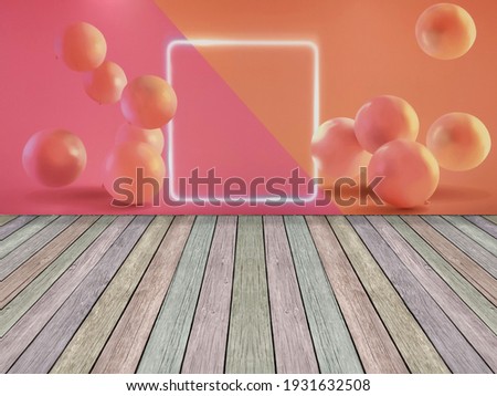 Shopping concept background, colorful background with flying balloons and empty frame and wooden floor