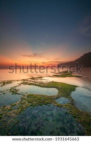 Seascape for background. Sunset time. Beach with rocks and stones. Low tide. Stones with green seaweed and moss. Blue sky with sunlight on horizon. Slow shutter speed. Copy space. Melasti beach, Bali