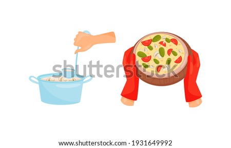 Hands Preparing Food Holding Baked Pizza with Potholder and Making Soup Vector Set