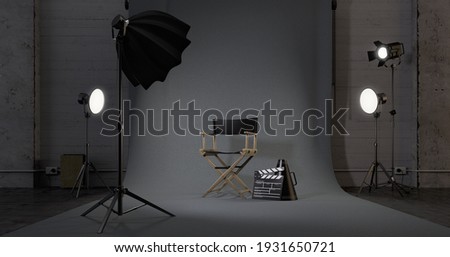 Director chair,Movie clapper in studio.Concept for film industry.3d rendering Royalty-Free Stock Photo #1931650721