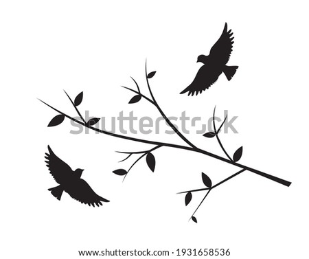 Flying birds silhouettes on branch Vector, Wall Decals, Birds on Tree Design, Couple of Birds Silhouette. Nature Art Design, Wall Decor isolated on white background