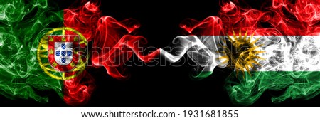 Portugal, Portuguese vs Kurdistan, Kurdish, Kurds smoky mystic flags placed side by side. Thick colored silky abstract smoke flags.