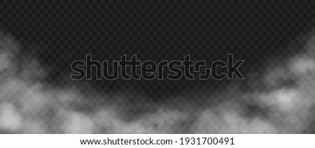 Smoke background. Realistic decorative fog effect and transparent magic mist. White vapor, creeping fume border. Cloudscape and rising smog mockup. Dust or powder cloud, vector spooky steam template Royalty-Free Stock Photo #1931700491