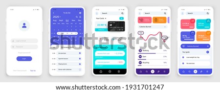 Smartphone UI. Realistic phone touchscreens for sport and banking application. Mobile interface of planner app or account registration form with login and password. Vector colorful screen mockups set Royalty-Free Stock Photo #1931701247