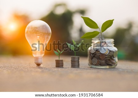 Light bulb Energy saving and a coin glass on the floor nature background Royalty-Free Stock Photo #1931706584