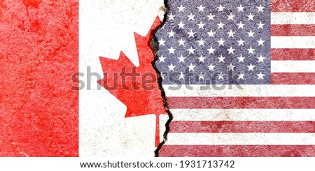 Canada vs USA (United States of America) national flags icon isolated on broken cracked wall background, abstract Canada US politics economy relationship conflicts concept