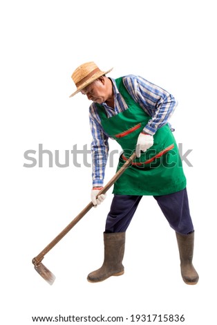 Elderly old Asian man working with a hoe isolated on white background, clipping path Royalty-Free Stock Photo #1931715836