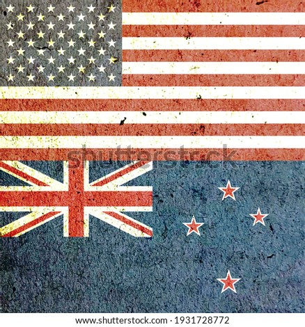 Vintage USA and New Zealand national flags icon isolated together on wall, abstract international countries history culture politics friendship relationship concept background
