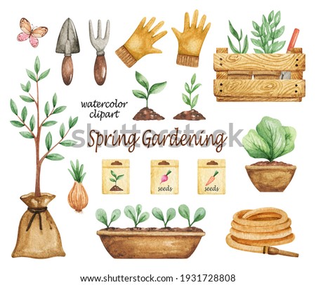 Garden tools clipart watercolor, gardening time set, plants in pots, seedling, trowel, farm equipments clipart, spring garden illustration