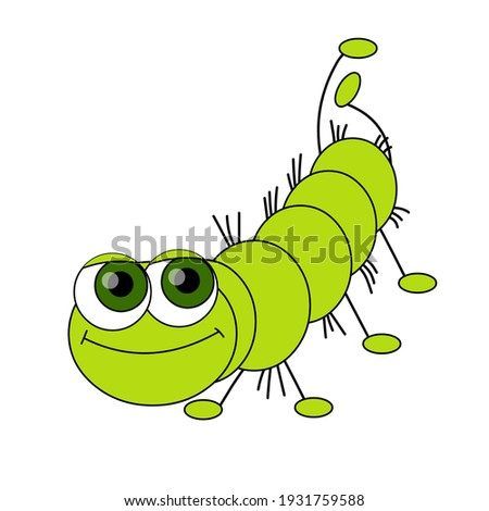 Funny caterpillar isolated on white background. Green worm in a flat style with a black outline .. Cartoon character. Vector illustration.