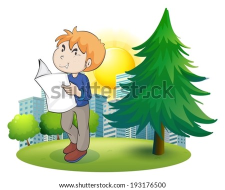 Illustration of a man reading newspaper near the pine tree on a white background