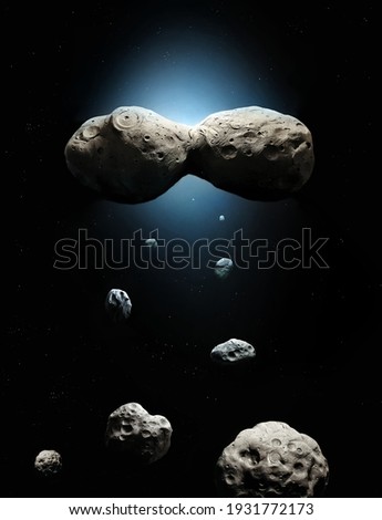 Asteroid belt in space with stars. Craters on the surface of large asteroids. Group of objects on a black background.