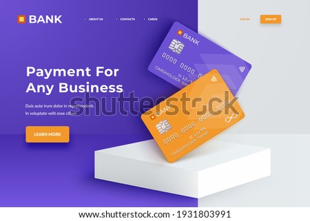 Bank cards on a square white podium. Realistic mockup credit cards for finance, bank or shopping. Discount plastic cards. Vector template cards for finance Royalty-Free Stock Photo #1931803991
