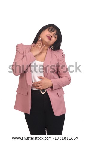  woman with neck pain on white background