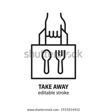 Take away food line icon. Hand and paper bag sign. Takeaway service vector symbol. Editable stroke. Royalty-Free Stock Photo #1931814452