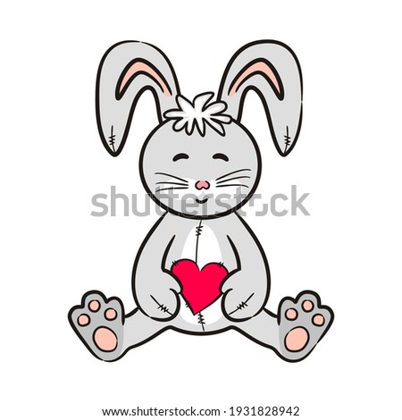 Hand drawn gray rabbit with a red heart. Vector illustration on the theme of love, easter and Valentine's Day. Hand made hare isolated on white background. Children's soft toy. Vector illustration