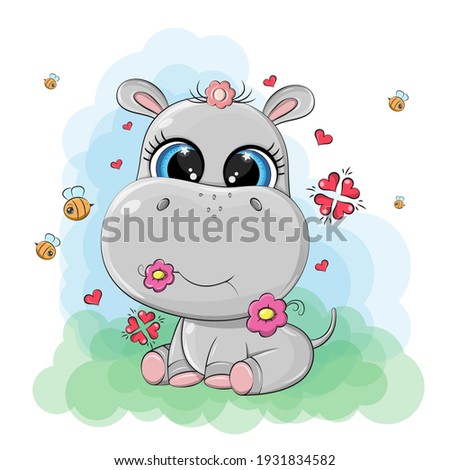 A funny hippo is sitting in a blooming meadow with grass and flowers, bees are flying around the animal. Vector image of an animal is made in a cartoon style.