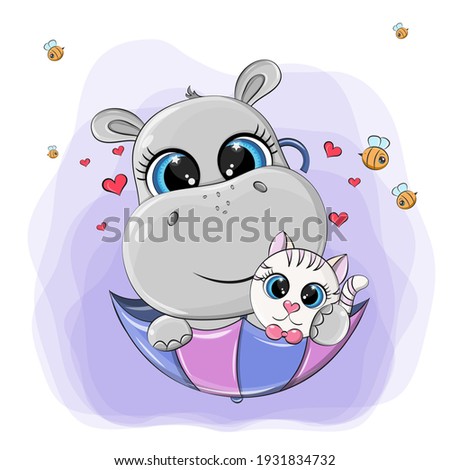 Cute animals are sitting in an umbrella, a hippo and a cat hug each other. Vector illustration of cute animals on a purple background. Weaves fly around the animals.