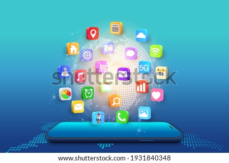 Application on Mobile, smartphone with application icons isolated on global network background as new technology and communication concept. vector illustration. Royalty-Free Stock Photo #1931840348