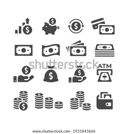 Money or financial vector icon set. Dollar coin, money stack, wallet, banknote finance symbols. Royalty-Free Stock Photo #1931843666