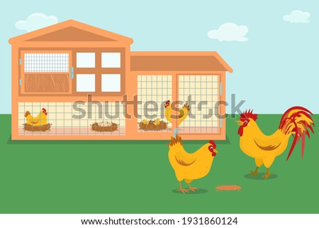 vector illustration of a wooden chicken coop with hens hatching eggs. Isolated on a white background Royalty-Free Stock Photo #1931860124